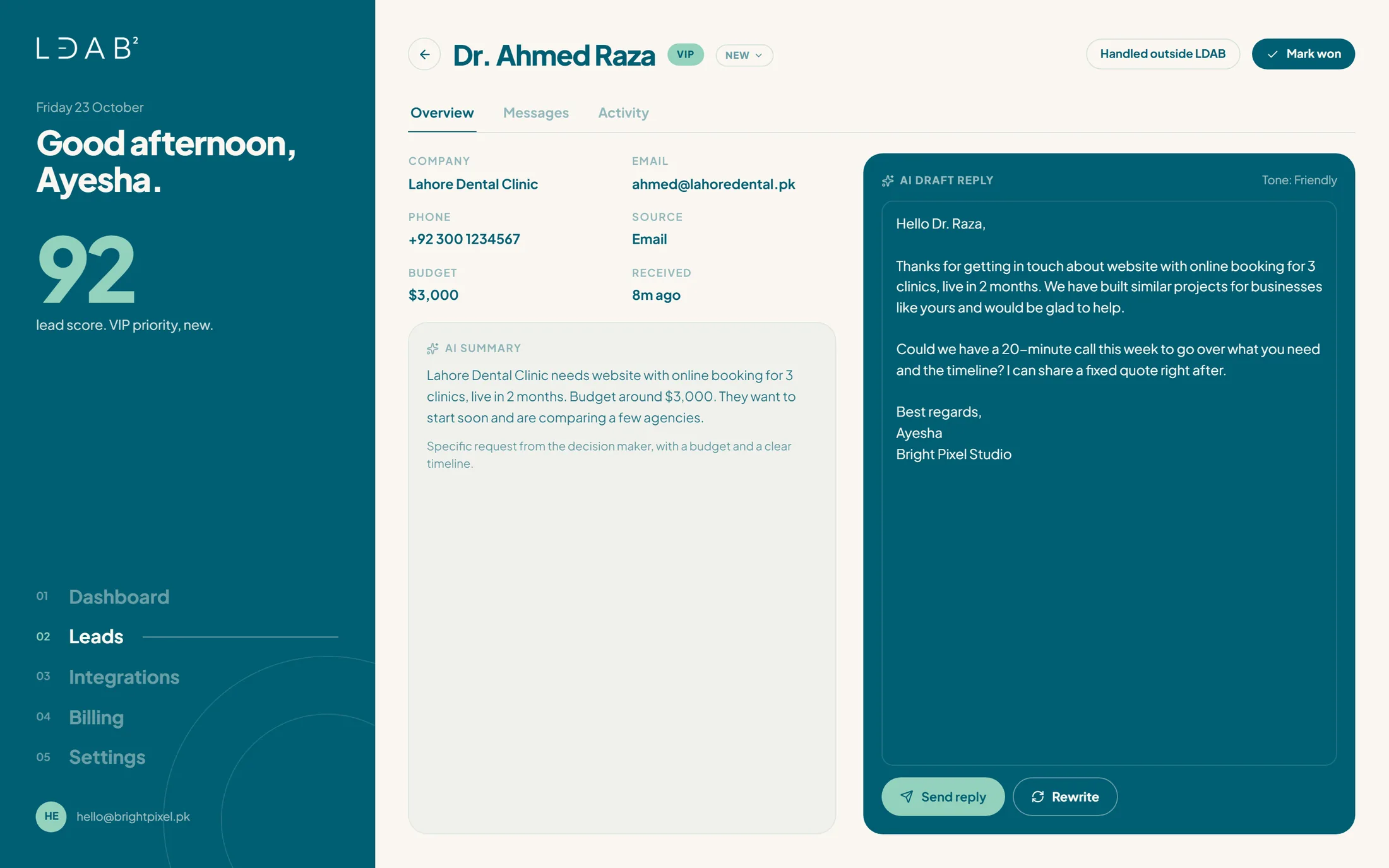 A lead in LDAB with its AI summary and a ready-to-send reply