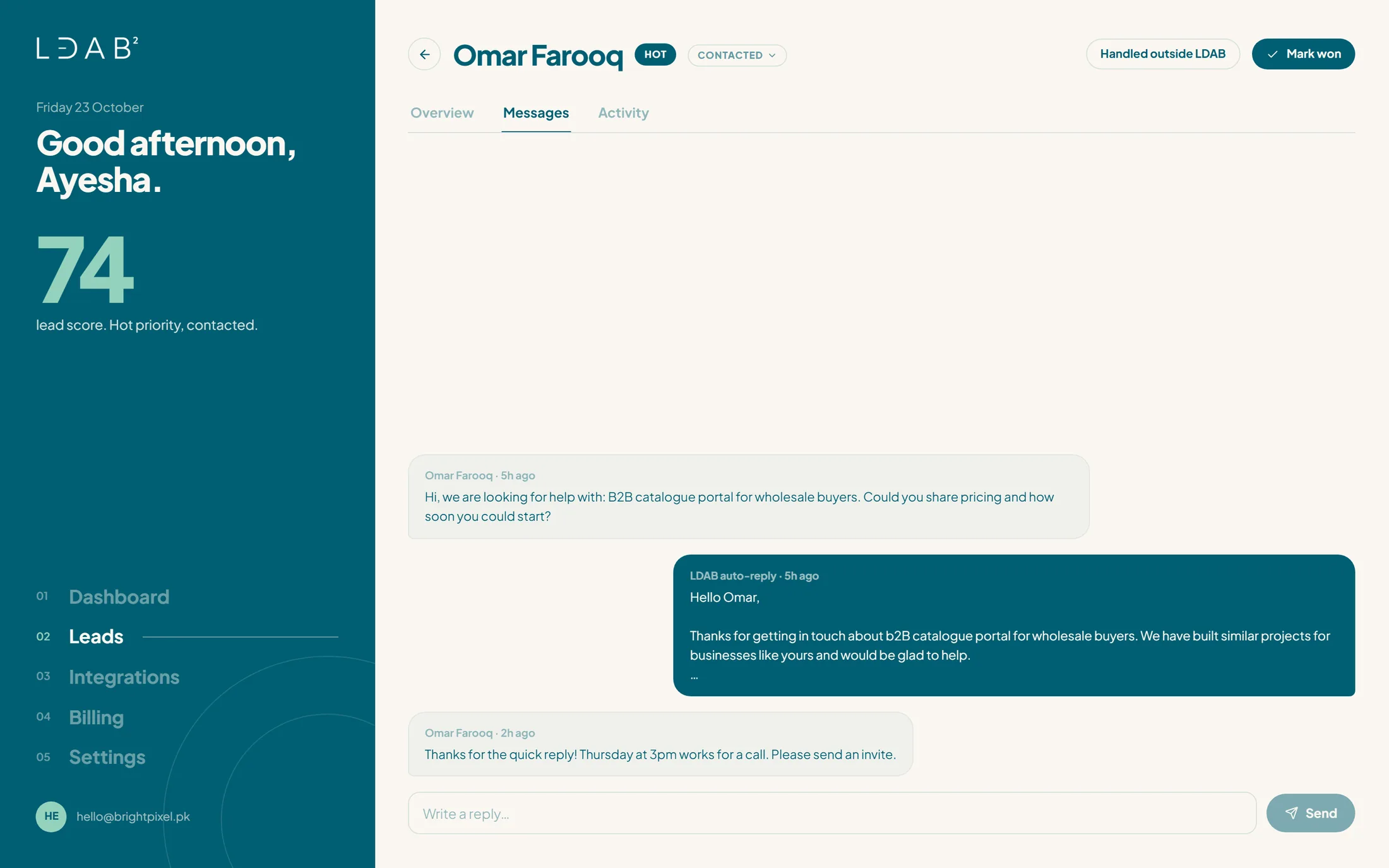 An email conversation with a customer, including the automatic reply